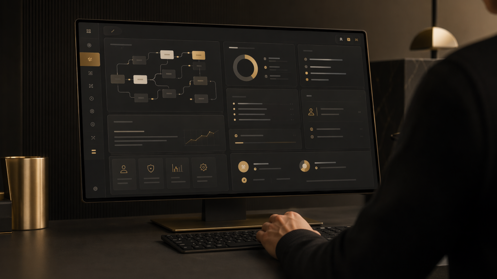 Architecture d interface premium pour audit IA PME avec membre de l equipe Vista Pulse en action, visage non visible.