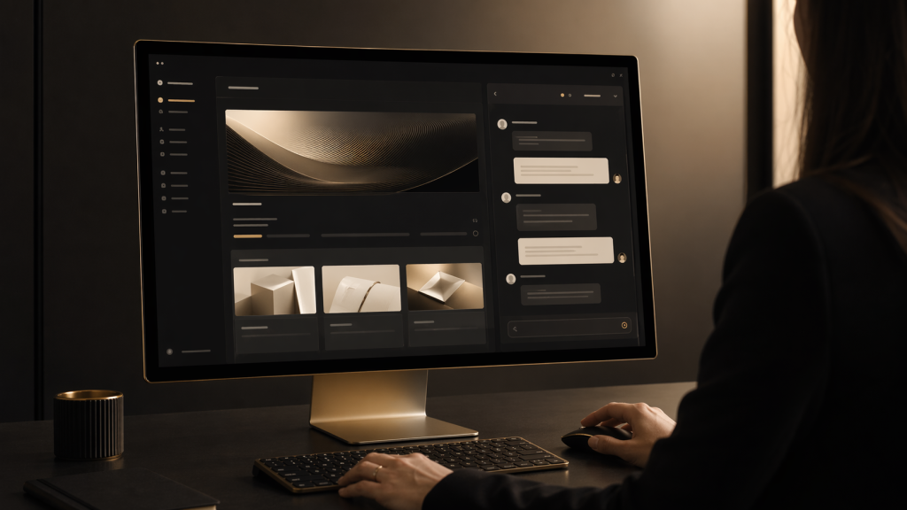 Interface conversationnelle web premium avec membre de l equipe Vista Pulse en action, visage non visible.