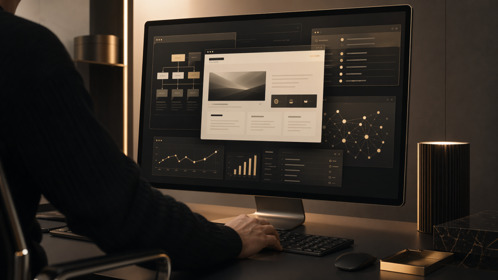 Analyse SEO technique dans un environnement navigateur premium avec membre de l equipe Vista Pulse en action, visage non visible.